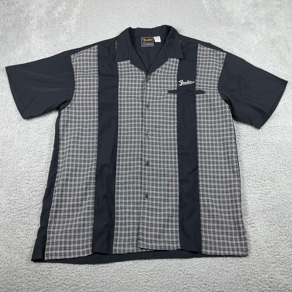 Fender Shirt Mens Large Black Plaid Solidbody Lounge Bowling Camp Made In USA